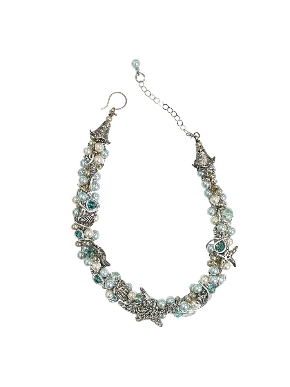 Handmade Beaded Pearls Starfish Shells Chunky OOAK Whimsical Statement Necklace